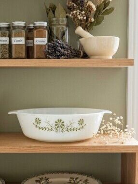 Vintage Milk Glass Casserole Dish with Green Floral Motif